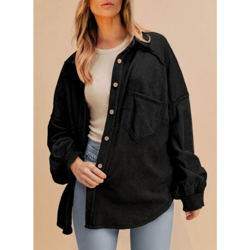 Women's Knit Loose Long Sleeve Black Fashion Button Down Shirt Jacket Tops - Picture 3 of 7
